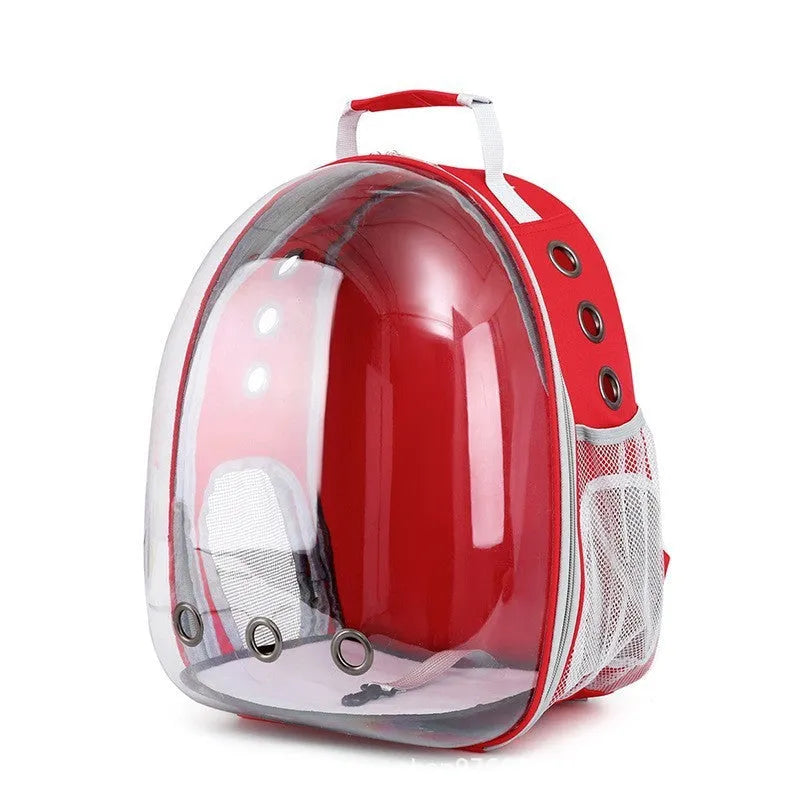 Grey PC astronaut-style pet carrier backpack with side-opening door for a cat.