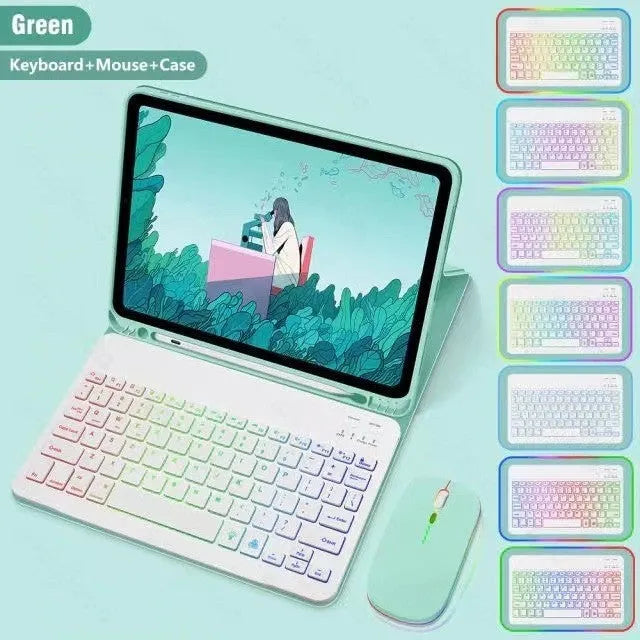 iPad protective case with luminous RGB Bluetooth keyboard and mouse in black leather sheath style