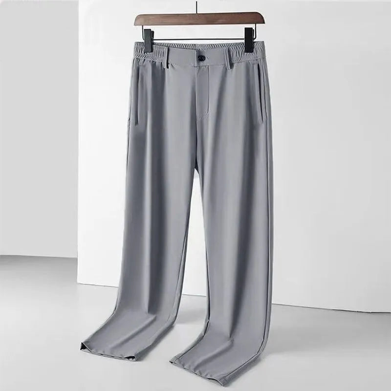 Men's ice silk straight leg trousers with elastic waist in black, dark blue and light grey colour options