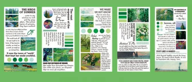 Pack of twenty rectangular paper stickers showing colourful landscape paintings, each measuring 60 by 120 millimetres.