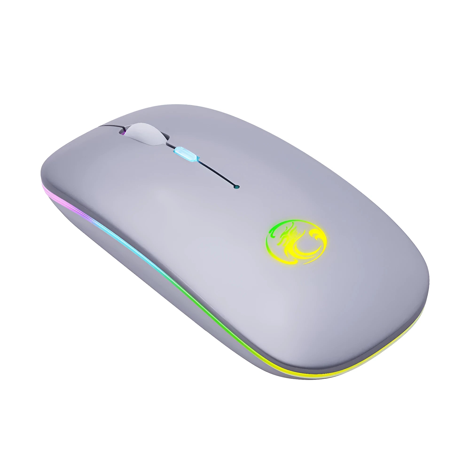 Black and white luminous wireless mouse with blue glowing scroll wheel indicating low battery