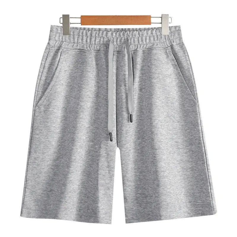 Men's straight-leg cotton summer shorts in light grey, showing fifth length and casual fit.