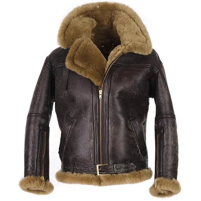 Brown synthetic leather retro fur coat for men with 65cm length and side pockets