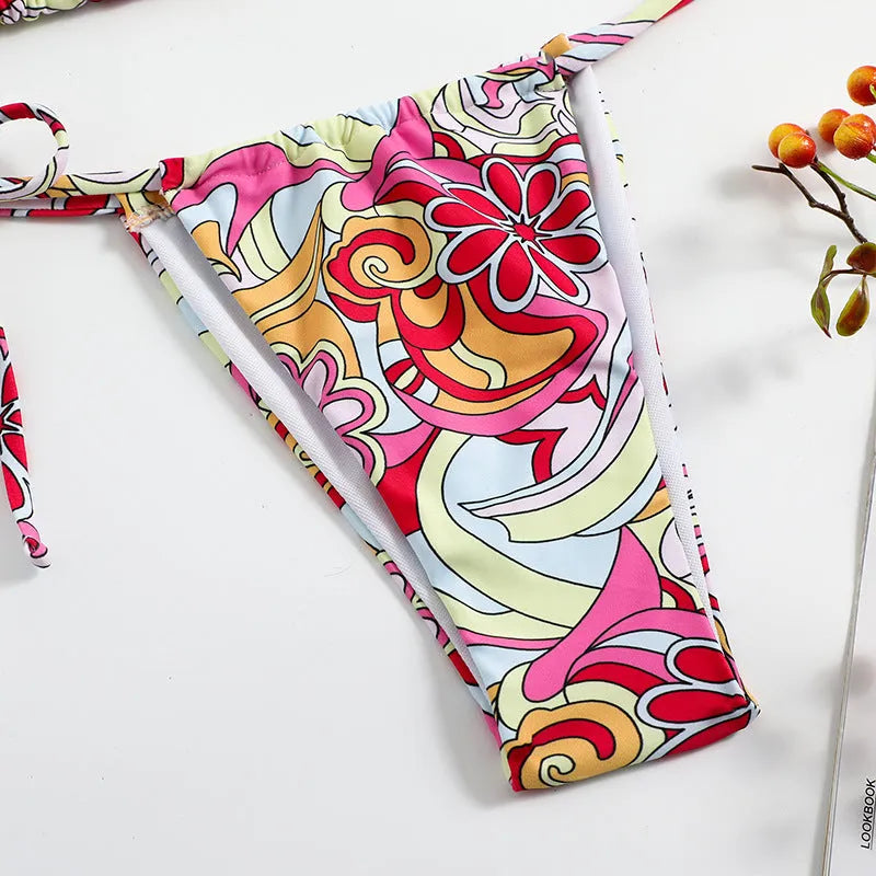 Women's triangle print halter neck bikini set with separate bandeau top in multicolour geometric design