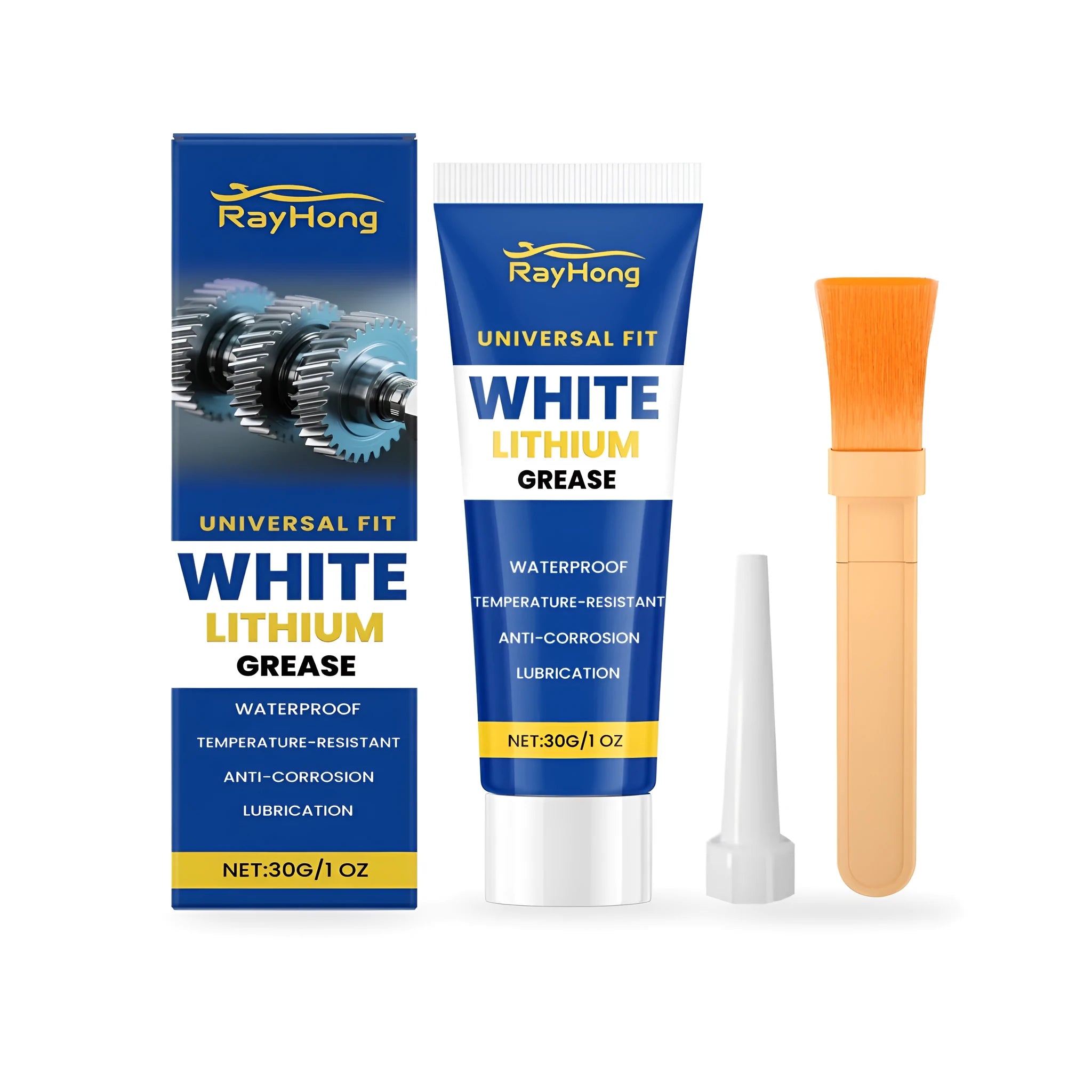 30g tube of white lithium grease with a brush and a separate plastic applicator tip.