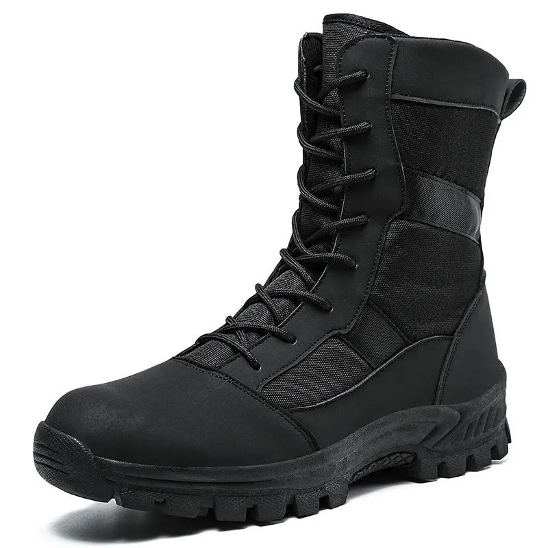 Plus size men's high-top Martin boots in black and camouflage colours with mesh upper