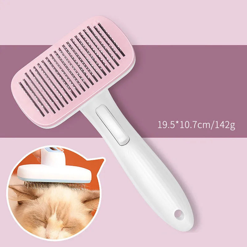 Automatic pet hair removal comb for dogs and cats in blue, grey, green, or pink colour.