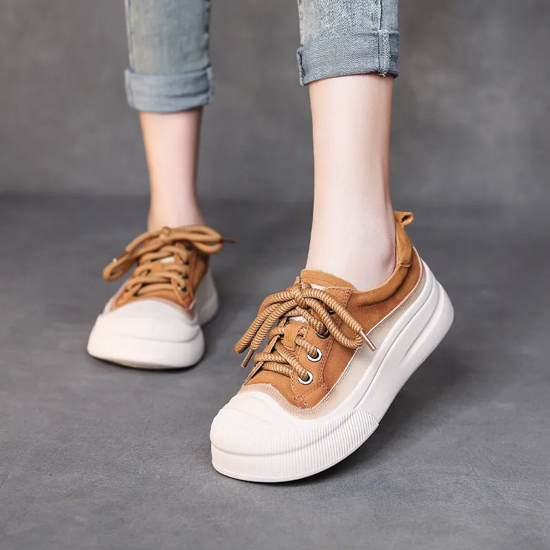 Women's yellow and cameo brown full grain cow leather lace-up casual shoes with round toe