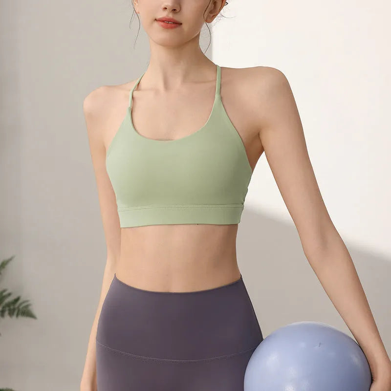 Women's nylon sports vest with fixed double-shoulder straps in black, white, green tea green, Starship pink and sunshine desert colours for running and yoga