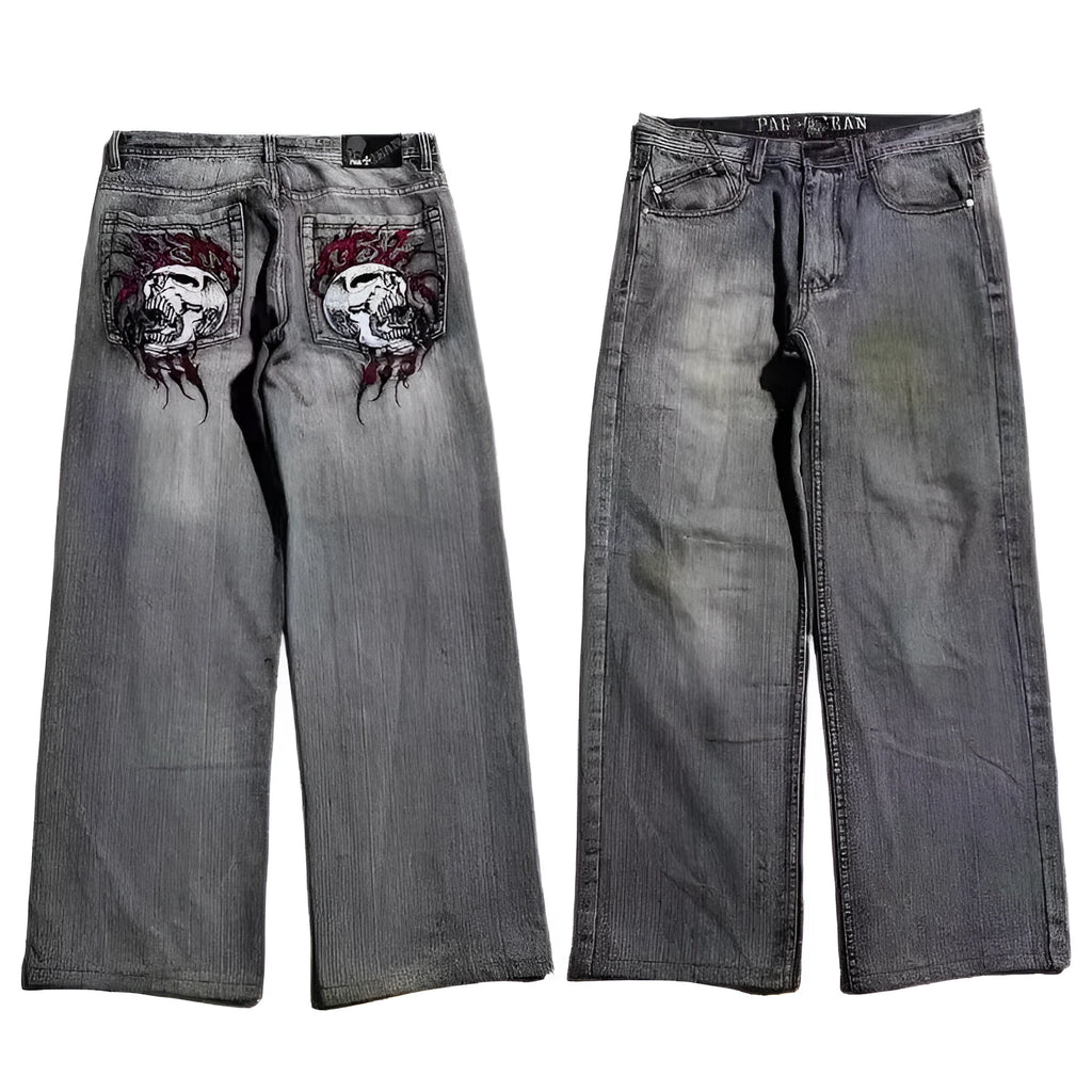 Grey washed-out men's jeans with a wide-leg, straight-cut retro workwear design.