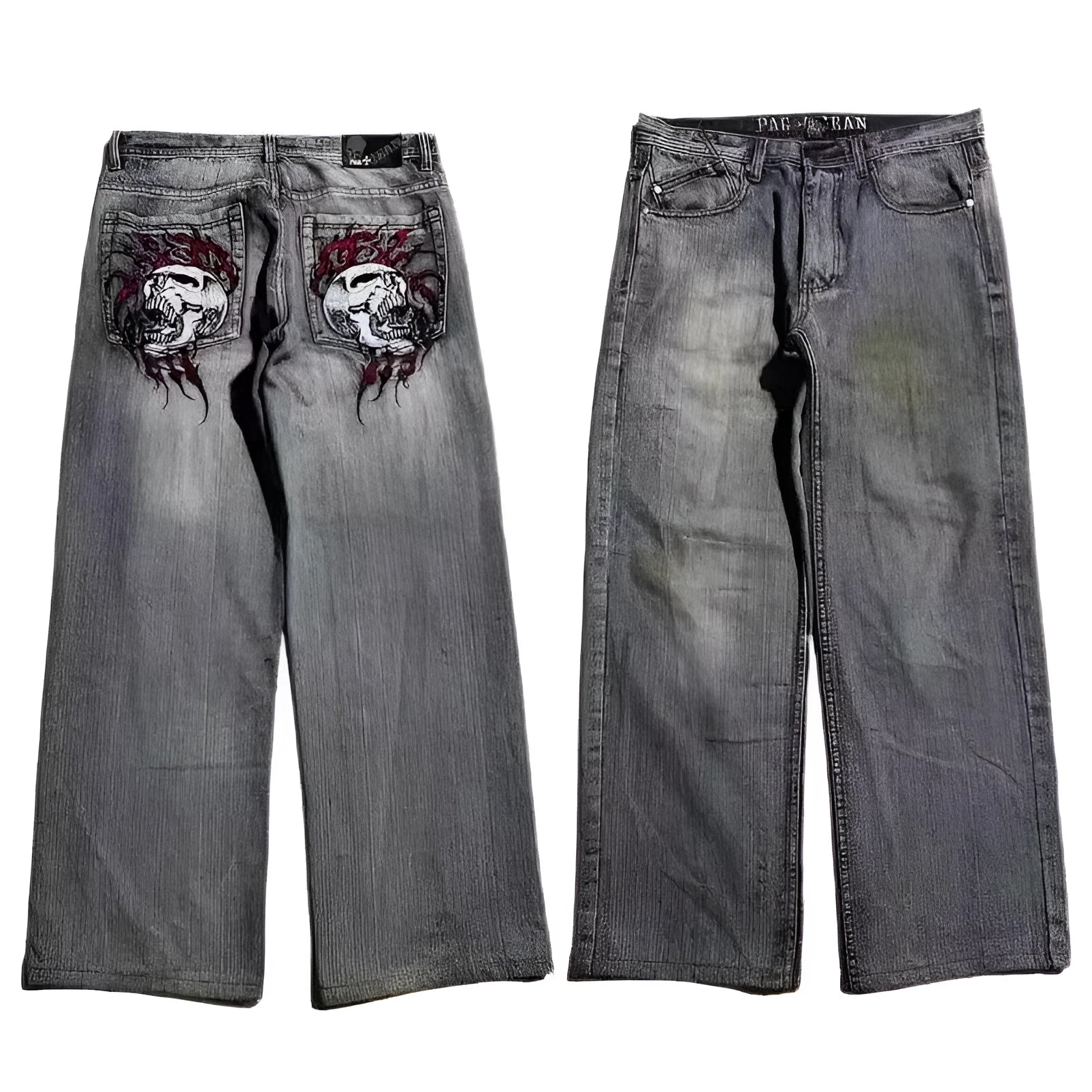 Grey washed-out men's jeans with a wide-leg, straight-cut retro workwear design.