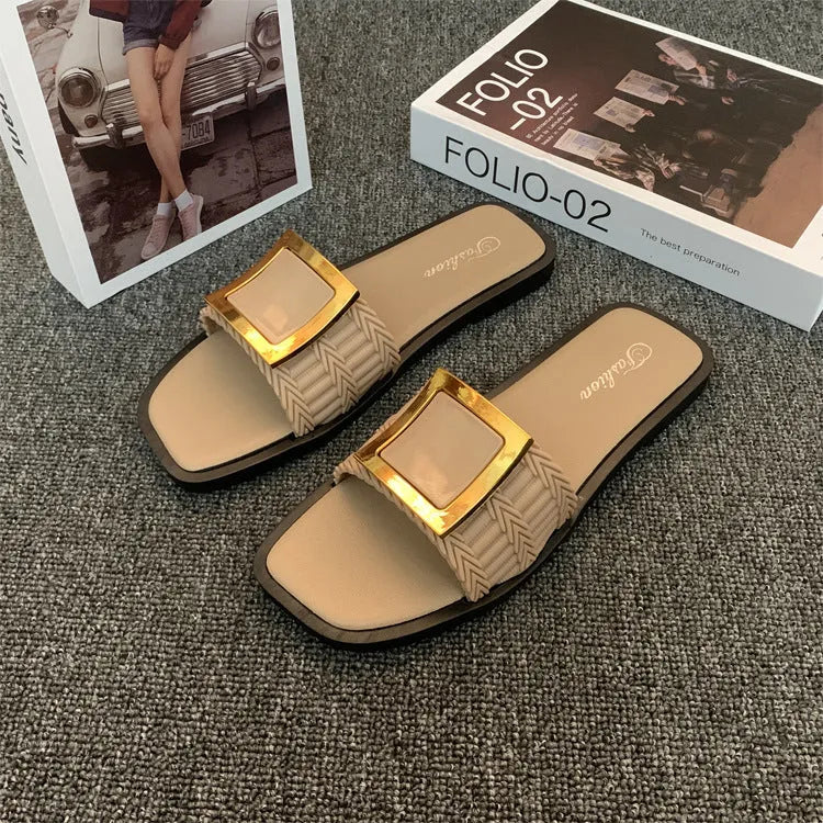 Women's casual flat slippers in apricot colour with a lightweight PVC sole.