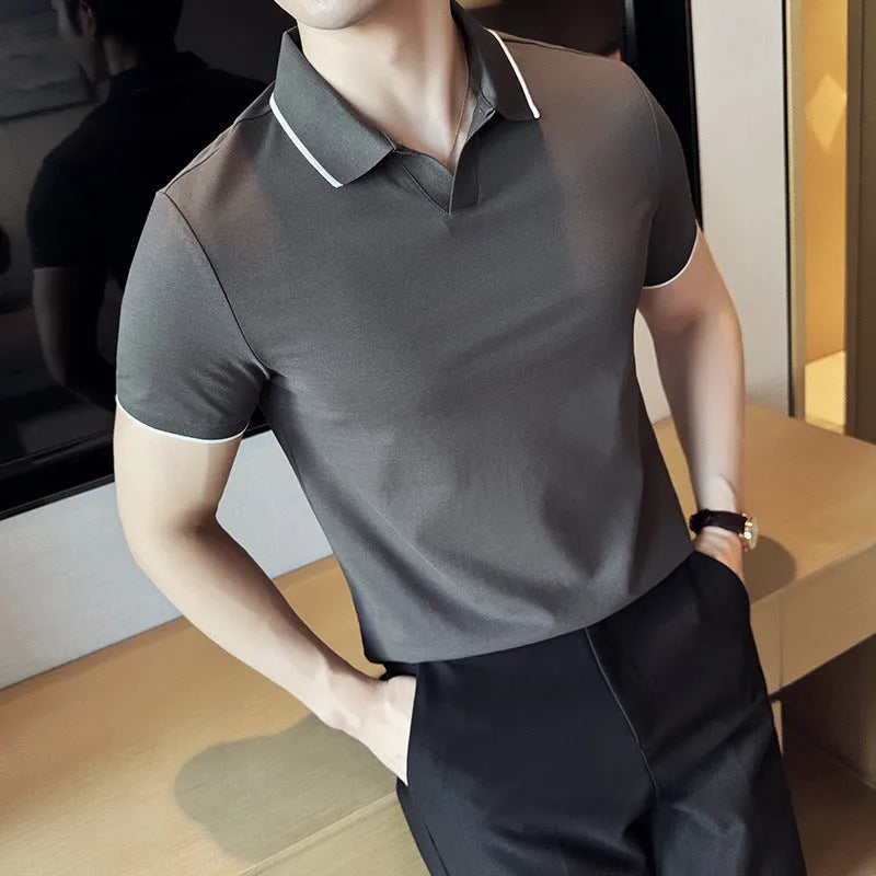 Men's short sleeve polo shirt with lapel collar in mercerised pearl cotton, shown in multiple colour options.