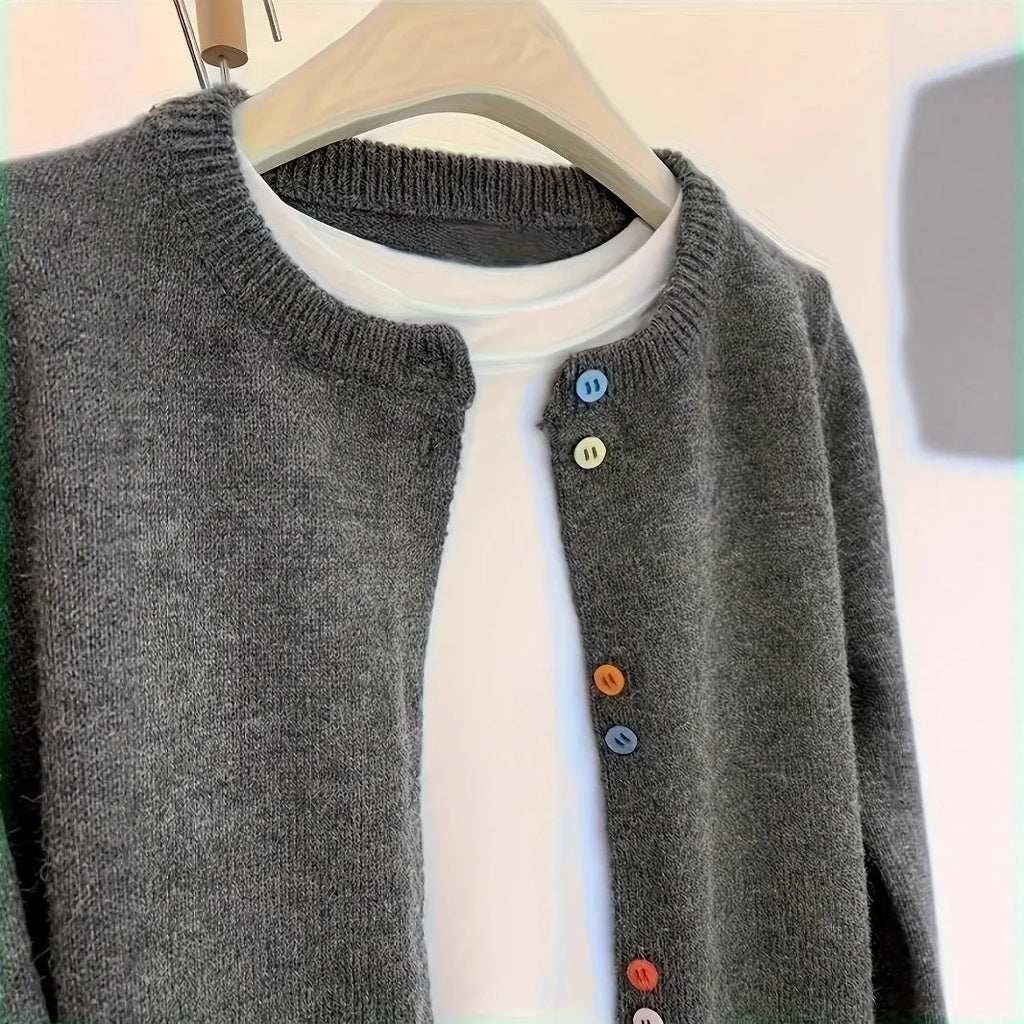 Dark grey women's cardigan sweater with button front and regular sleeve length