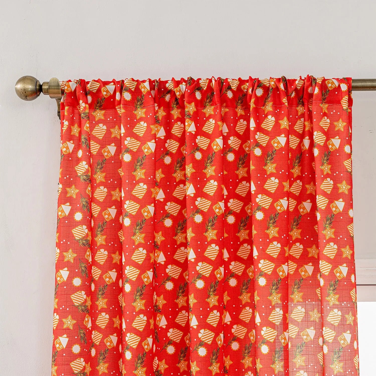 Green printed Christmas curtain with cartoon snowman and angel figures pattern
