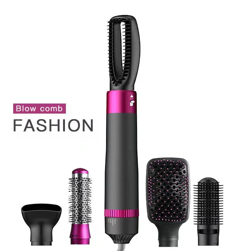 Dyson grey 5-in-1 hair dryer brush kit with five interchangeable styling heads on a white background.