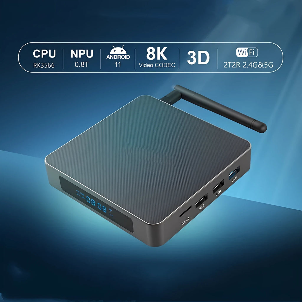Android 8K TV set-top box with remote control, HDMI cable, and power supply on a white background.