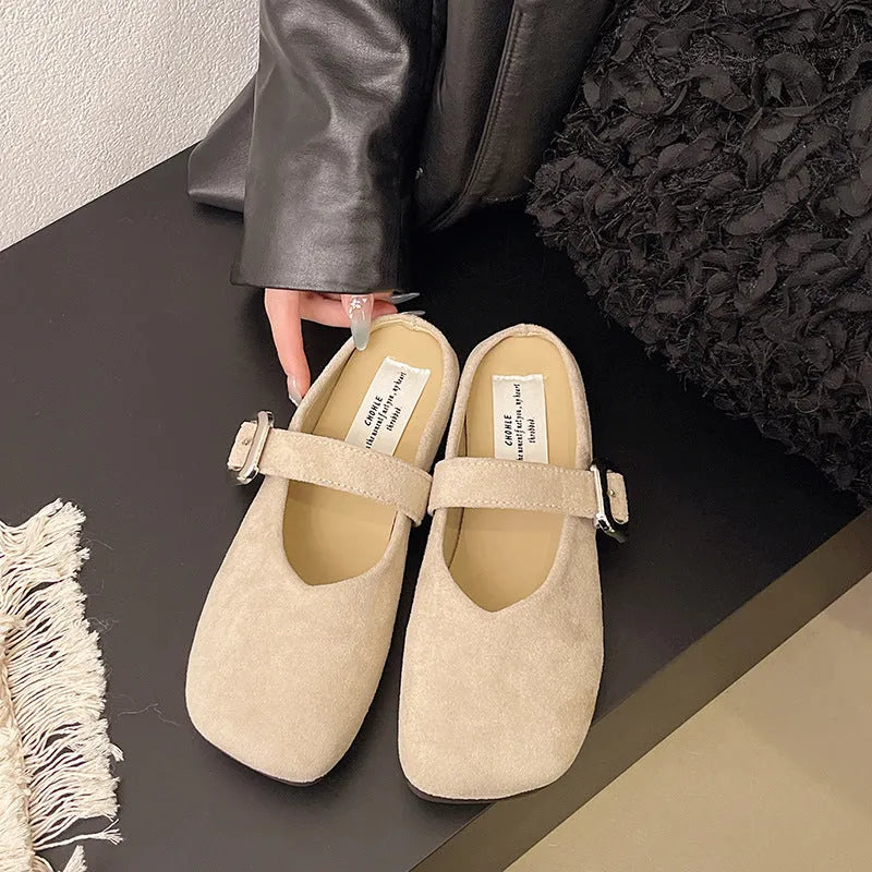 Women's flat PU leather slippers with square toe design in multiple colours
