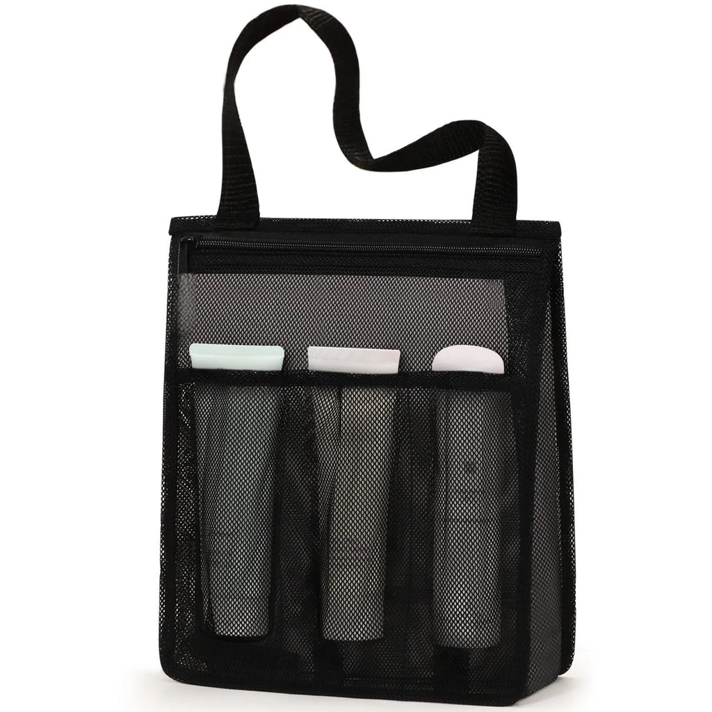 Black or pink polyester swimming gym bag showing dry wet separation compartments and mesh pocket construction