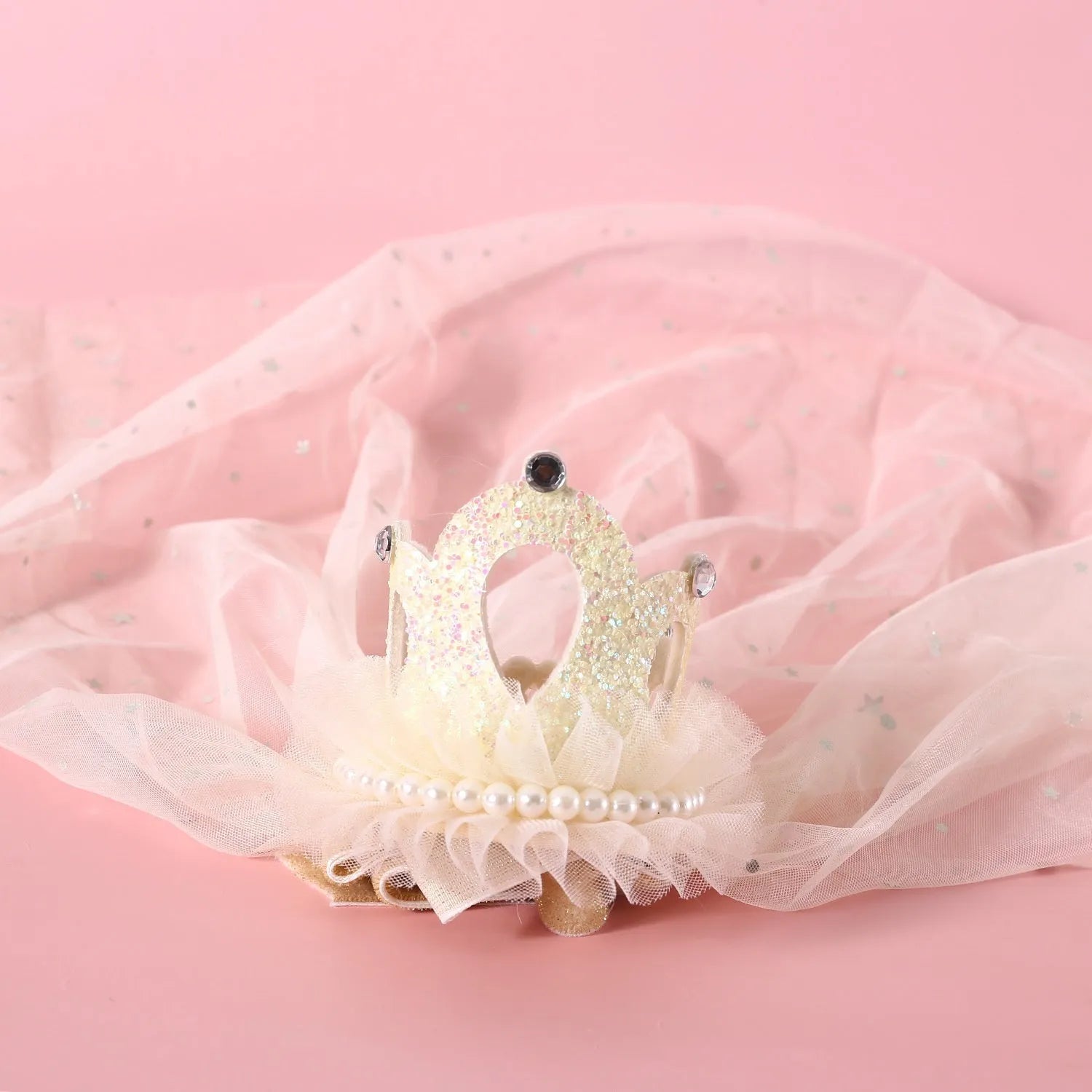 Adjustable princess crown headdress for cats in beige or pink veil options