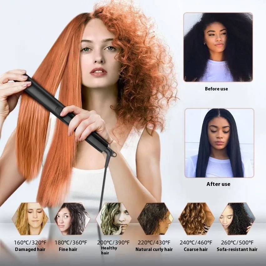 Silver hair straightener with digital temperature display showing 207℃ and European standard plug
