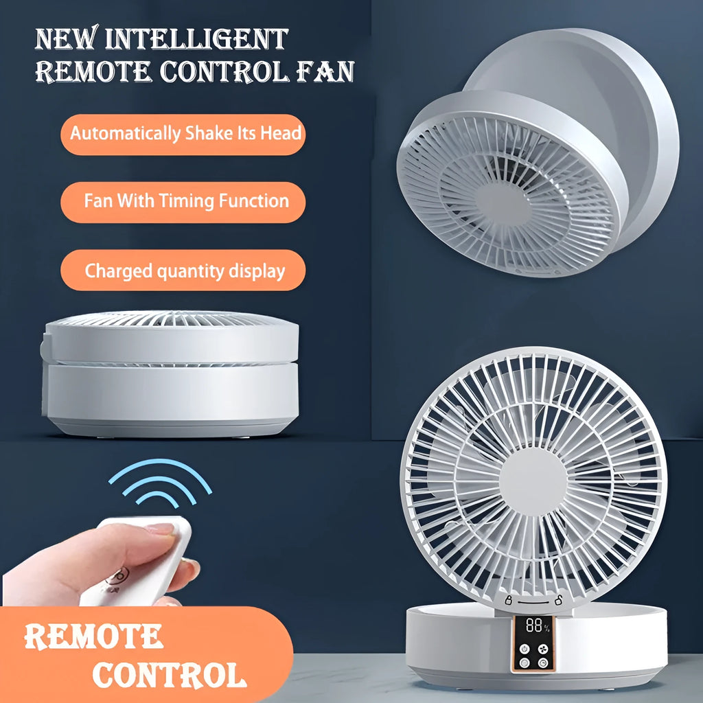 White portable folding desk fan with remote control and warm night light on a table