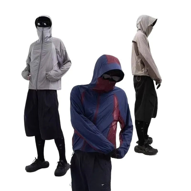 Mesh stitching sun protective nylon clothing in desert brown, red, blue, and light grey colours