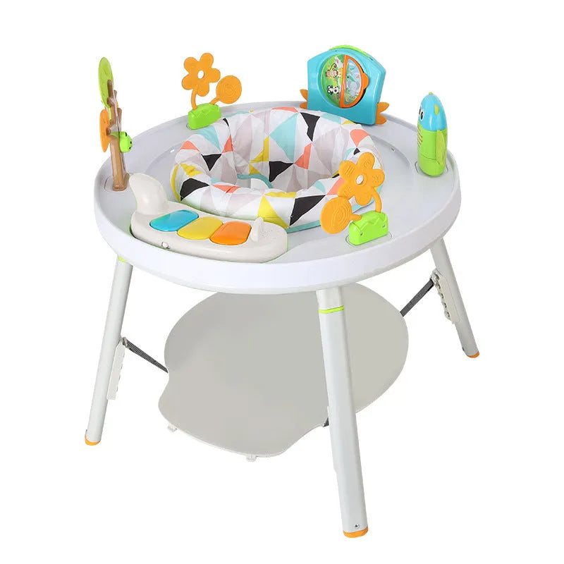 Baby jumping chair with three functions including bouncing and gymnastic rack elements in plastic construction