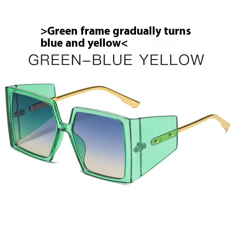 Large square frame sunglasses shown in multiple colour options including black, blue, and tortoiseshell.