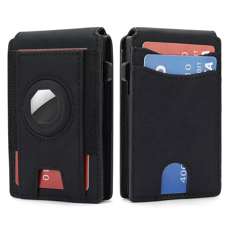 Men's slim RFID blocking card holder in synthetic leather showing black, dark brown, and light brown colour options