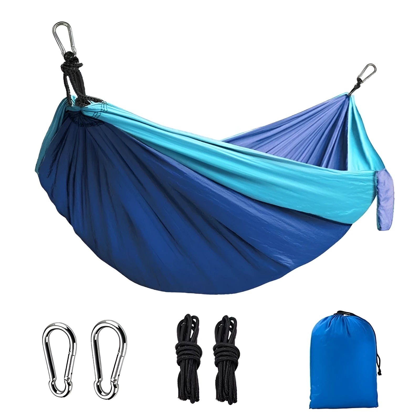 Blue parachute nylon outdoor hammock showing 270cm length and 140cm width dimensions