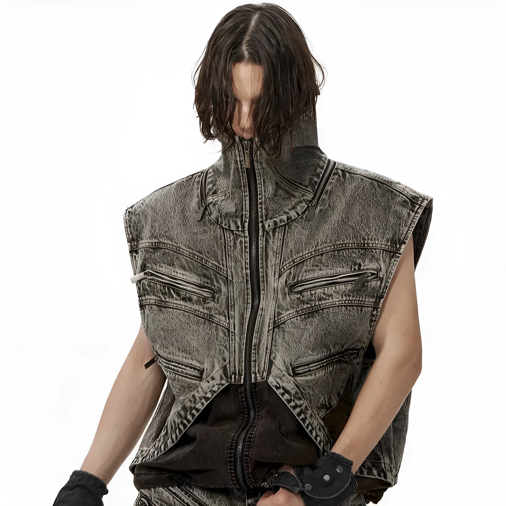 Man wearing a blue splicing denim vest with a zip front closure