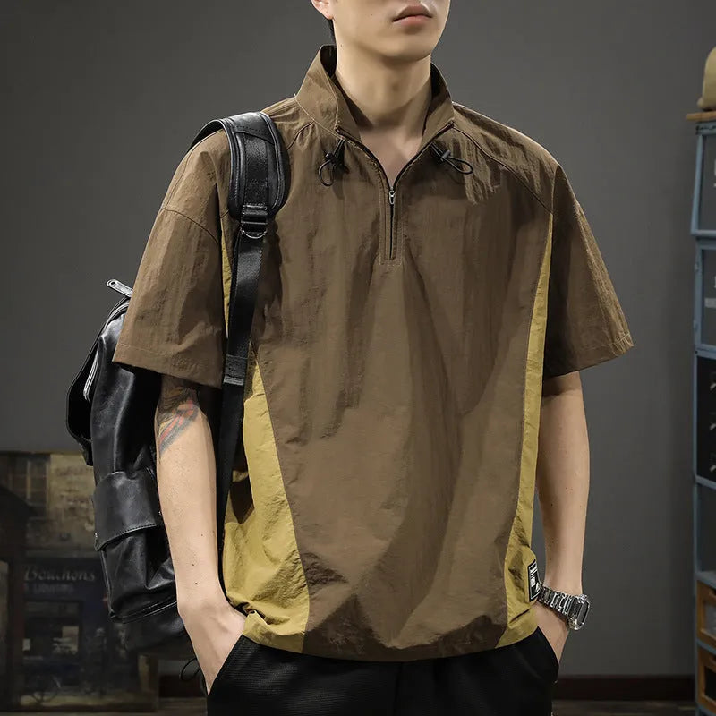 Men's brown and purple half-zip stand collar short sleeve shirt in ice silk fabric with loose fit summer design