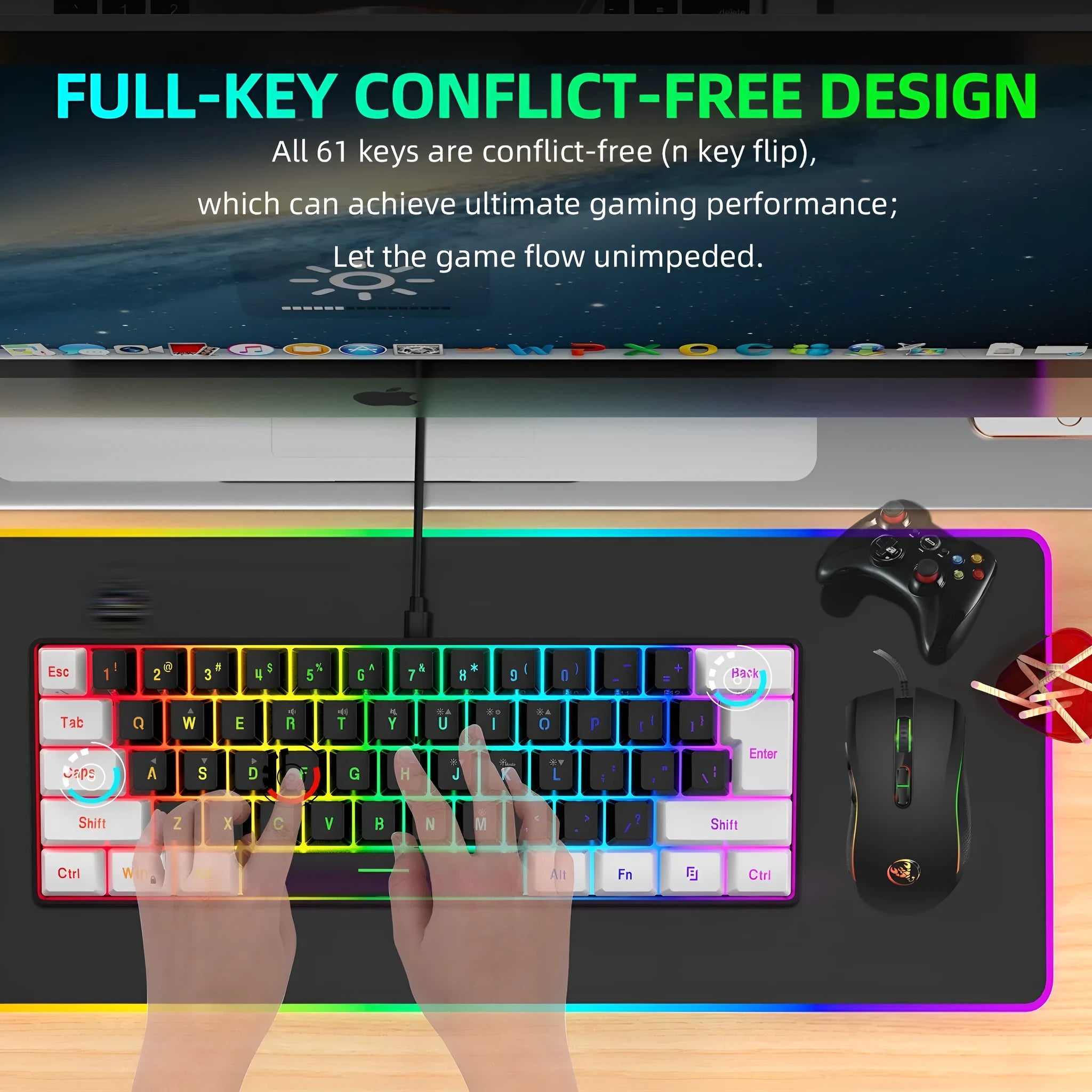 White and black gaming keyboard and mouse combo with colour backlight on desk