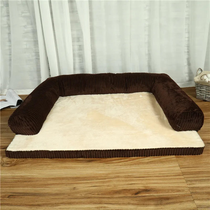 Corduroy fabric pet sofa dog bed in a grey colour, showing raised sides and plush high-density sponge padding.