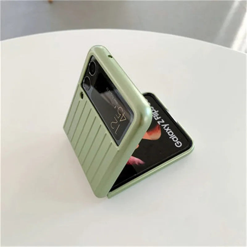 Samsung Z Flip3 ultra-thin flip phone case in seven colour options showing front and back coverage