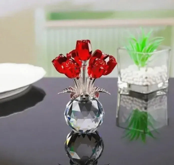 K9 crystal glass rose decoration with geometric shaping in one of seven colour options