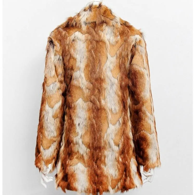 Women's slim-fit faux fur jacket with a bold tiger pattern, long sleeves, and a medium-length cut.