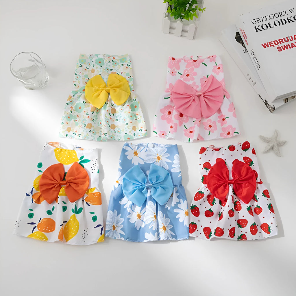 Ultra-thin polyester pet dress with floral butterfly design and adjustable bow knot for dogs and cats