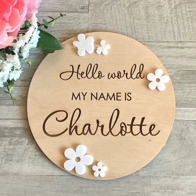 Square wooden baby name plaque showing birth information, 15 cm wide