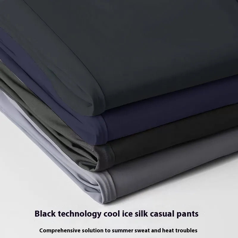 Men's ice silk straight leg trousers with elastic waist in black, dark blue and light grey colour options