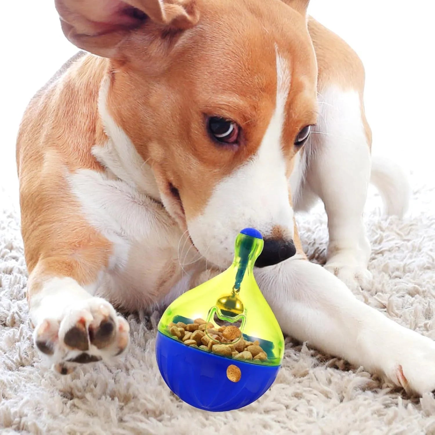 Interactive pet treat dispenser tumbler ball for dogs and cats showing 14cm size scale