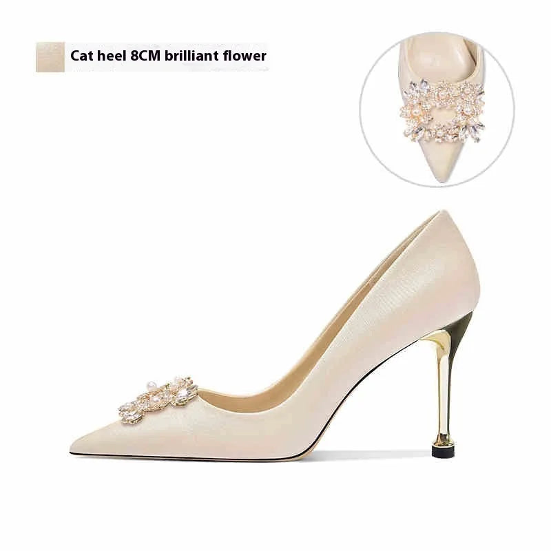 French wedding crystal bridal high heels with pointed toe and rhinestone decoration