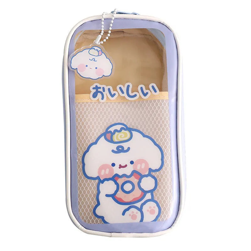 Transparent PVC pencil case with Korean cartoon pattern in vertical orientation