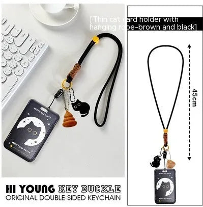 Cartoon little black cat design plastic card holder with ferrule pendant for student ID and transport cards.