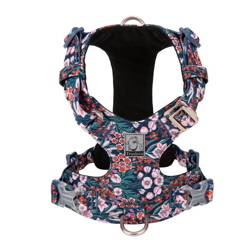 Floral pattern cotton dog harness with chest pull-resistant strap in blue, green, or red colour options