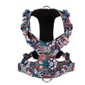 Floral pattern cotton dog harness with chest pull-resistant strap in blue, green, or red colour options