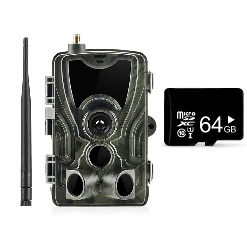 Outdoor waterproof surveillance camera with camouflage finish and wide-angle lens.