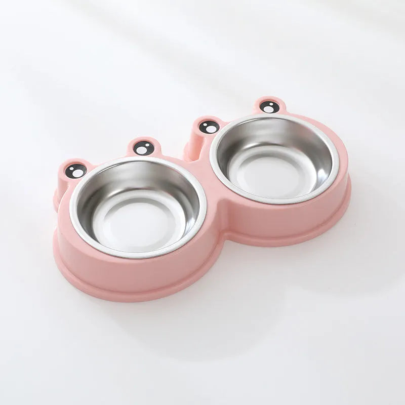 Stainless steel frog-shaped pet bowl set with separate food and water compartments