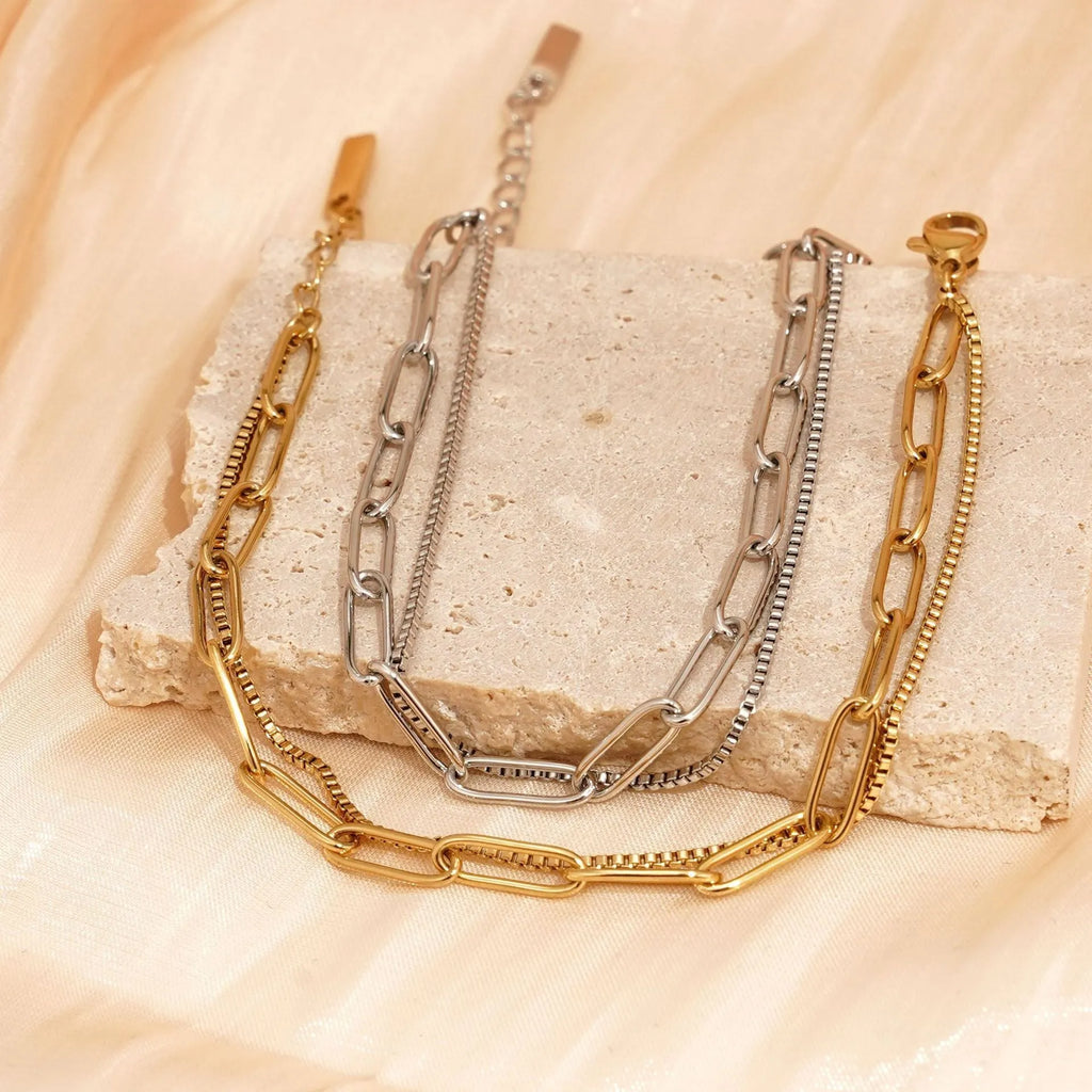 Double layer titanium steel women's bracelet with geometric design in gold electroplated finish